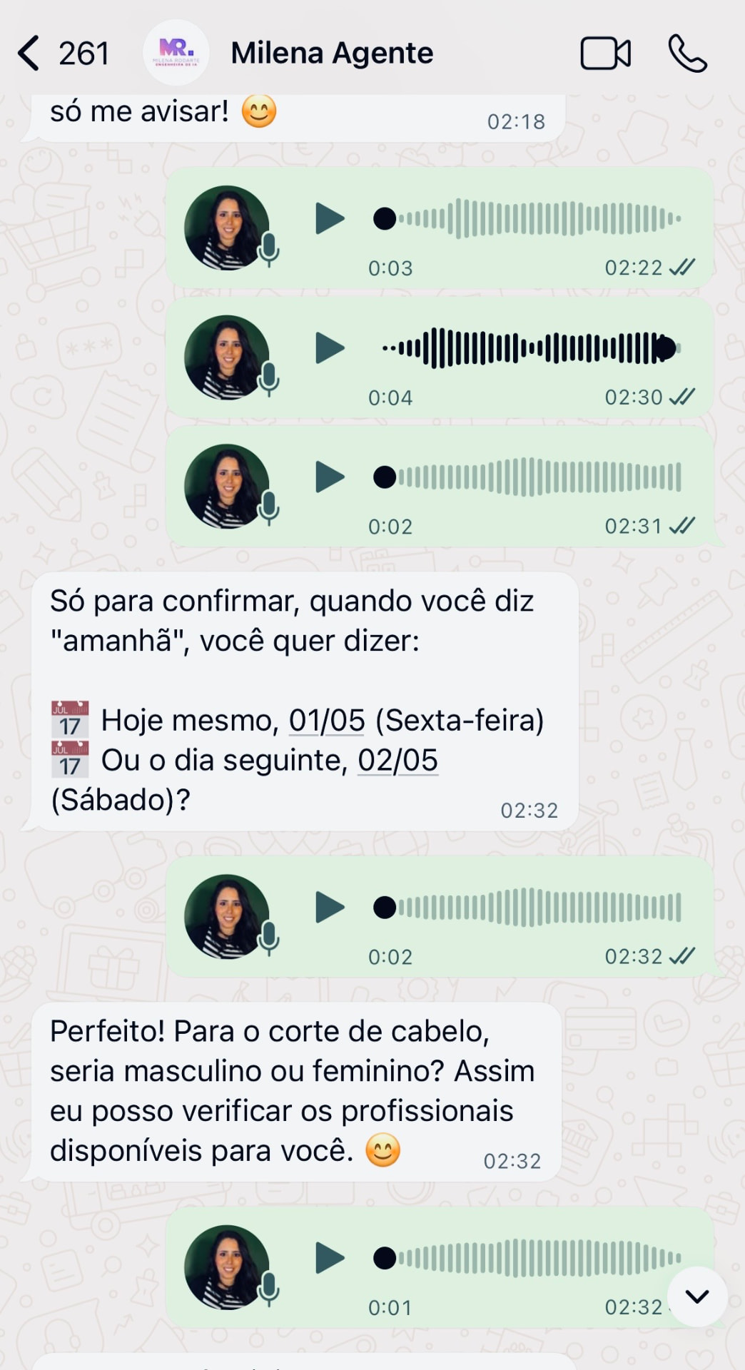 Agente de IA Milena em conversa no WhatsApp